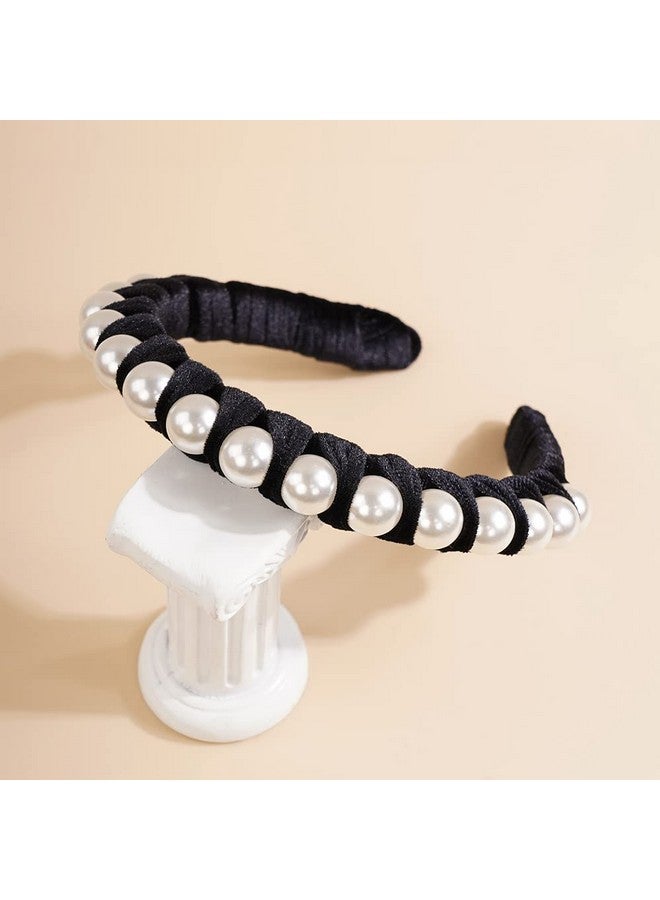 ويوپار عصابة رأس من Wiwpar مصنوعة من اللؤلؤ ومزينة بحلقة شعر مخملية مع لؤلؤ، عصابة رأس أنيقة من اللؤلؤ، غير قابلة للانزلاق، إكسسوارات شعر أنيقة للنساء والفتيات (أسود) - Image 2