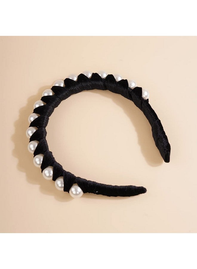 ويوپار عصابة رأس من Wiwpar مصنوعة من اللؤلؤ ومزينة بحلقة شعر مخملية مع لؤلؤ، عصابة رأس أنيقة من اللؤلؤ، غير قابلة للانزلاق، إكسسوارات شعر أنيقة للنساء والفتيات (أسود) - Image 3