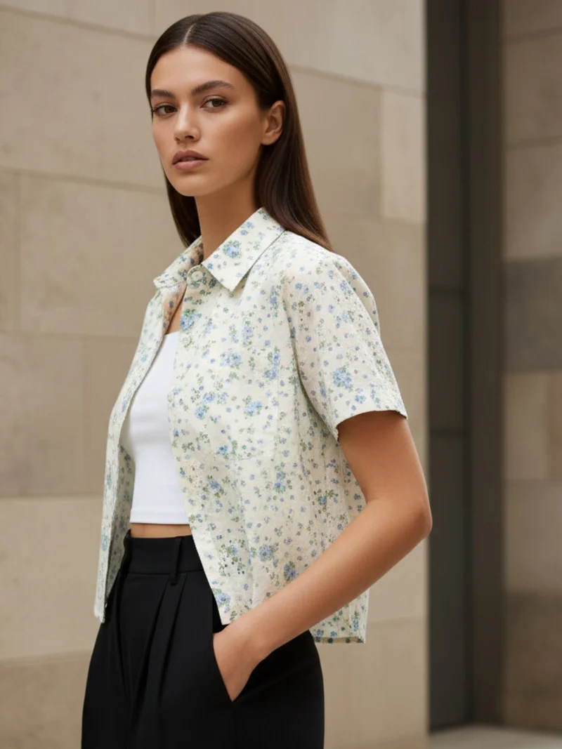 Outzidr  White Printed Cotton Schiffli Cropped Shirt for Women | Best Price UAE