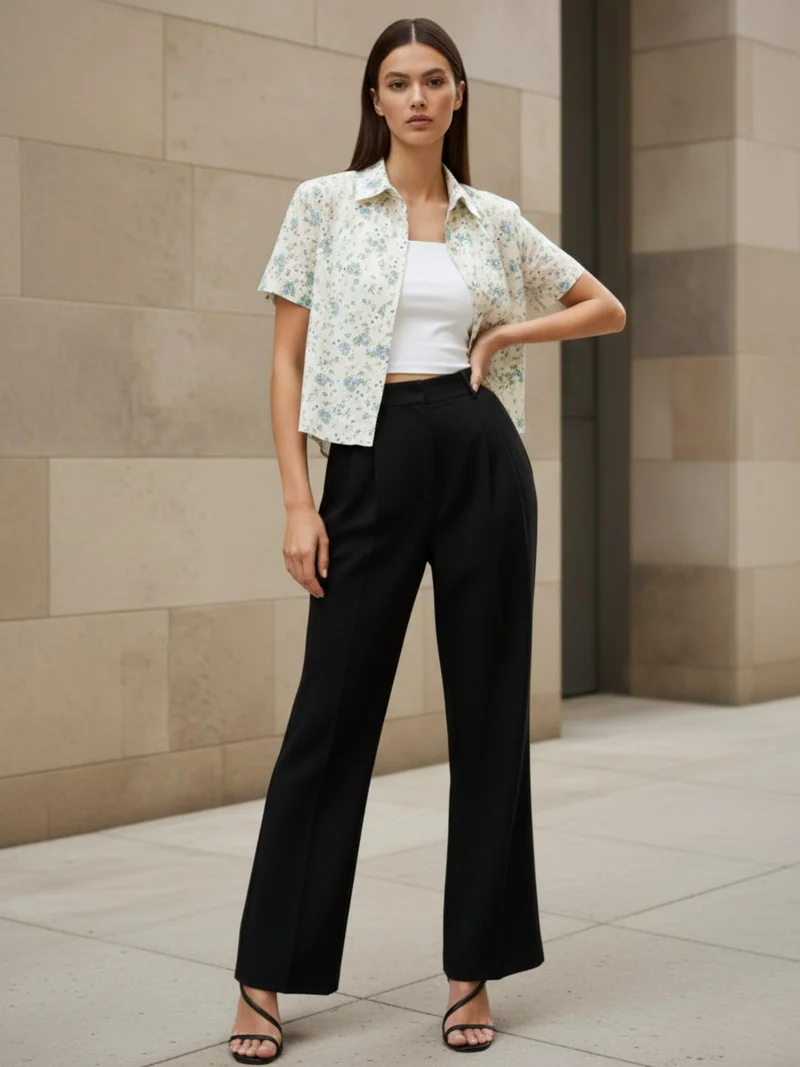 Outzidr  White Printed Cotton Schiffli Cropped Shirt for Women | Best Price UAE