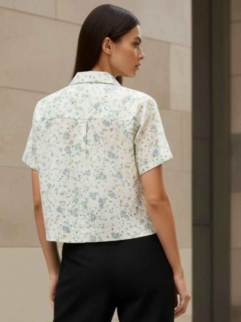 Outzidr  White Printed Cotton Schiffli Cropped Shirt for Women | Best Price UAE