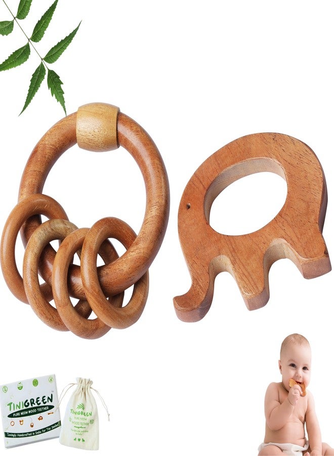 TINIGREEN Neem Wooden Baby Teether Natural Neem Wood Teething Toy for Infants 3–12 Months Chemical-Free, Handcrafted Baby Teether (Pack of 2) (Elephant-Rattle) - Image 1
