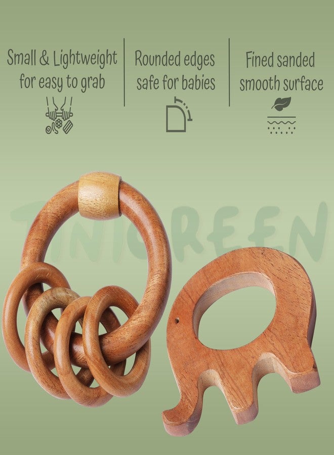 TINIGREEN Neem Wooden Baby Teether Natural Neem Wood Teething Toy for Infants 3–12 Months Chemical-Free, Handcrafted Baby Teether (Pack of 2) (Elephant-Rattle) - Image 2