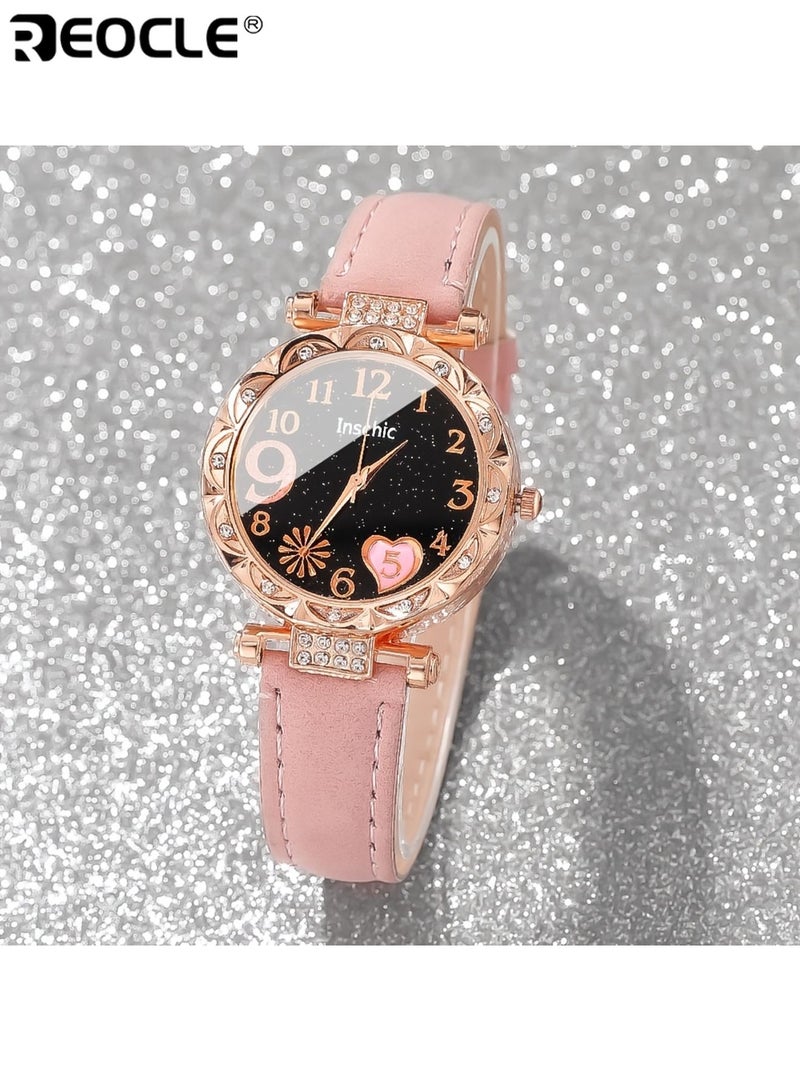 ريوكل نسائي نمط بسيط الكوارتز ووتش والمجوهرات مجموعة مع جولة سبائك الزنك حالة جلد صناعي الفرقة مؤقت وظيفة زر البطارية متضمنة مناسبة لعيد الحب عيد الفصح عيد الهالوين عيد ميلاد ارتداء اليومي للحفلات مناسبات خاصة أنيقة عملية للنساء للسيدات للكبار هدايا عيد الميلاد - Image 2
