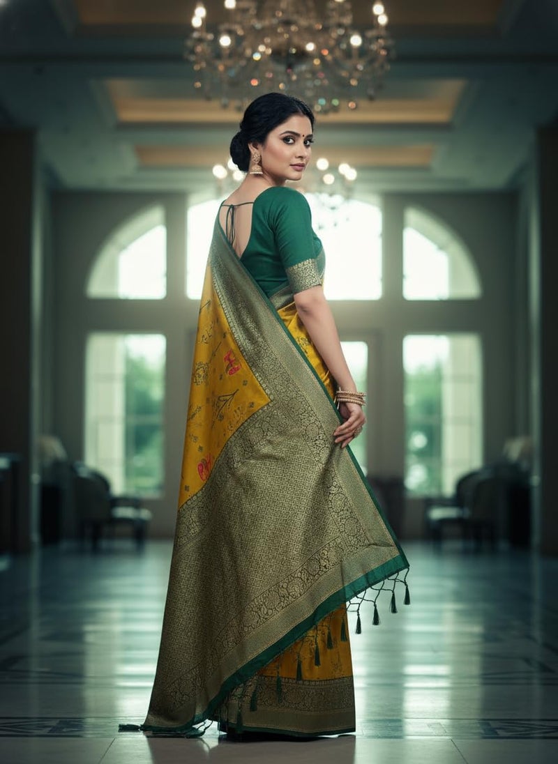 Vivatra Women Banarasi Soft Silk Saree | Jacquard Weaving with Rich Pallu & Border | Includ Matching Utitched Blouse Piece (VT-KP-6004-Yellow) - Image 3
