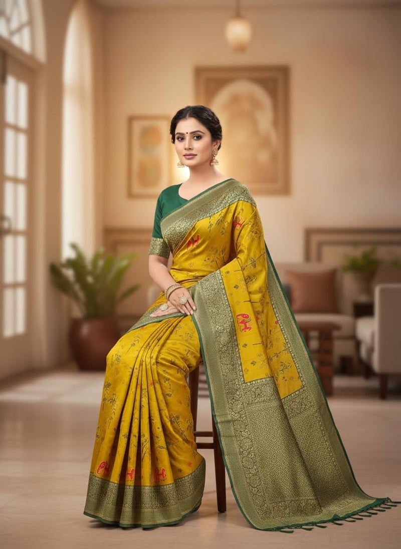 Vivatra Women Banarasi Soft Silk Saree | Jacquard Weaving with Rich Pallu & Border | Includ Matching Utitched Blouse Piece (VT-KP-6004-Yellow) - Image 5
