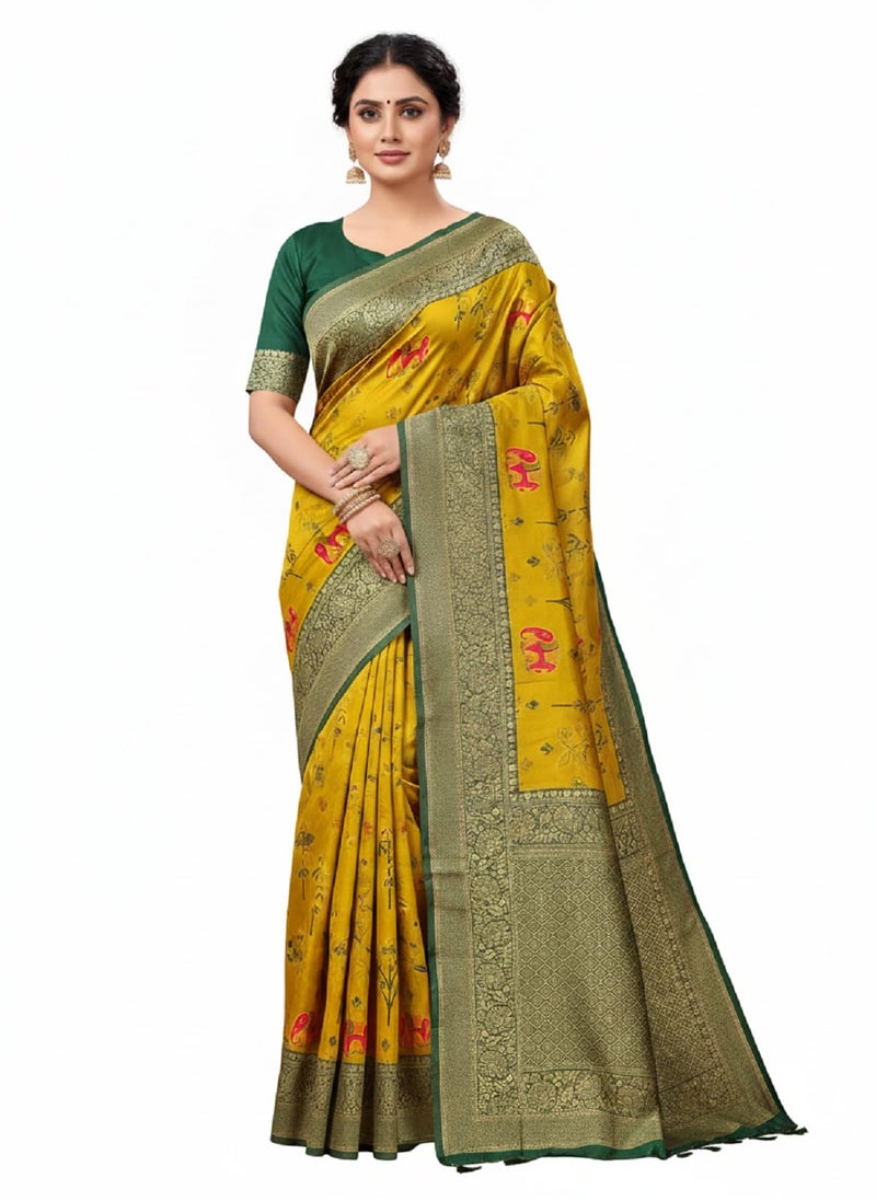 Vivatra Women Banarasi Soft Silk Saree | Jacquard Weaving with Rich Pallu & Border | Includ Matching Utitched Blouse Piece (VT-KP-6004-Yellow) - Image 1