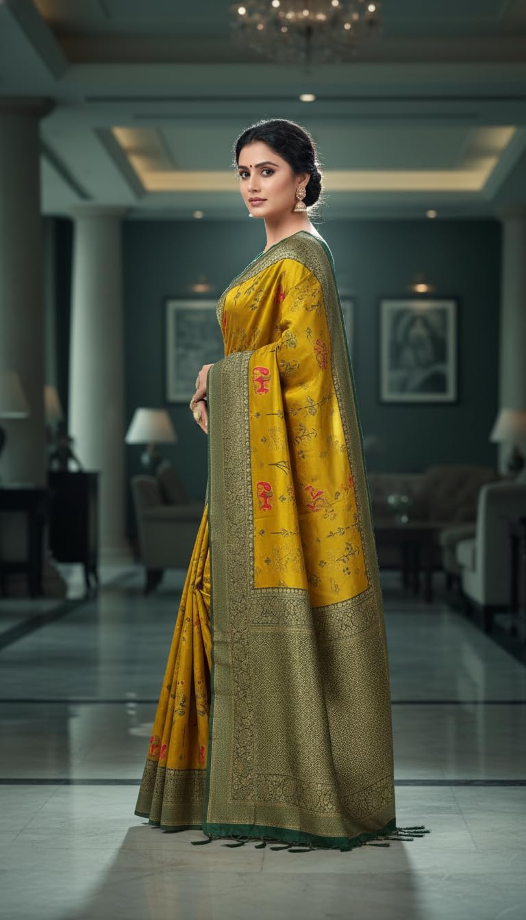 Vivatra Women Banarasi Soft Silk Saree | Jacquard Weaving with Rich Pallu & Border | Includ Matching Utitched Blouse Piece (VT-KP-6004-Yellow) - Image 2