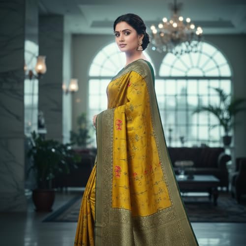 Vivatra Women Banarasi Soft Silk Saree | Jacquard Weaving with Rich Pallu & Border | Includ Matching Utitched Blouse Piece (VT-KP-6004-Yellow) - Image 4