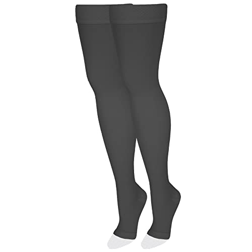 NuVein جوارب ضغط طبية NuVein، 20-30 مم زئبقي دعم، للنساء والرجال بطول الفخذ، مفتوحة الأصابع، رمادي غامق، كبير - Image 1