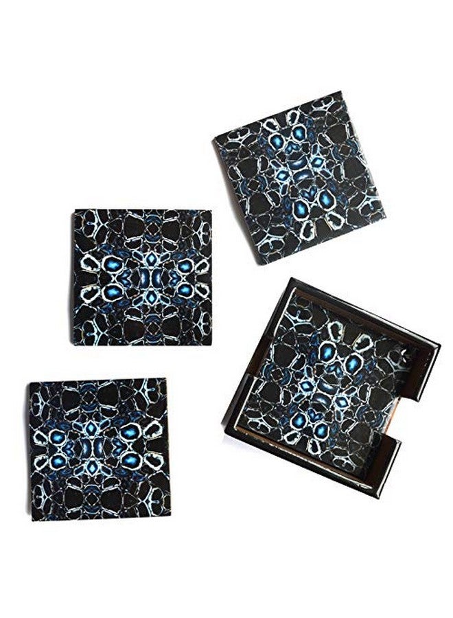 Tranquil Square | Handcrafted | Home Kitchen Office Study | Glossy Blue Marble Finish Wooden Coasters | Set of 6 | - Image 1