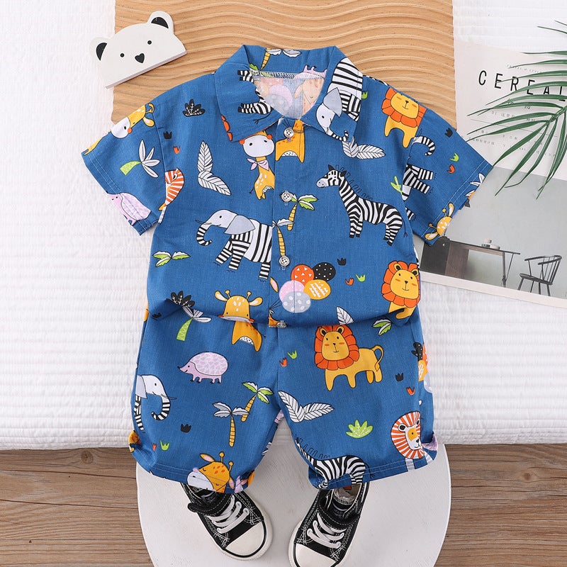 Short-sleeved shorts baby thin summer cartoon two-piece suit summer lapel baby summer handsome two-piece set dark blue Zebra Lion 