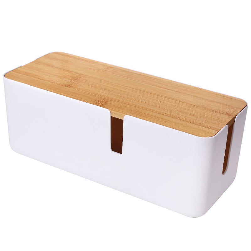 Changsuo Small Cable Management Box with Bamboo Lid for Extension Cord Power Stripe Surge Protector Wire Concealer Organizer Cover Hider (White) - Image 1