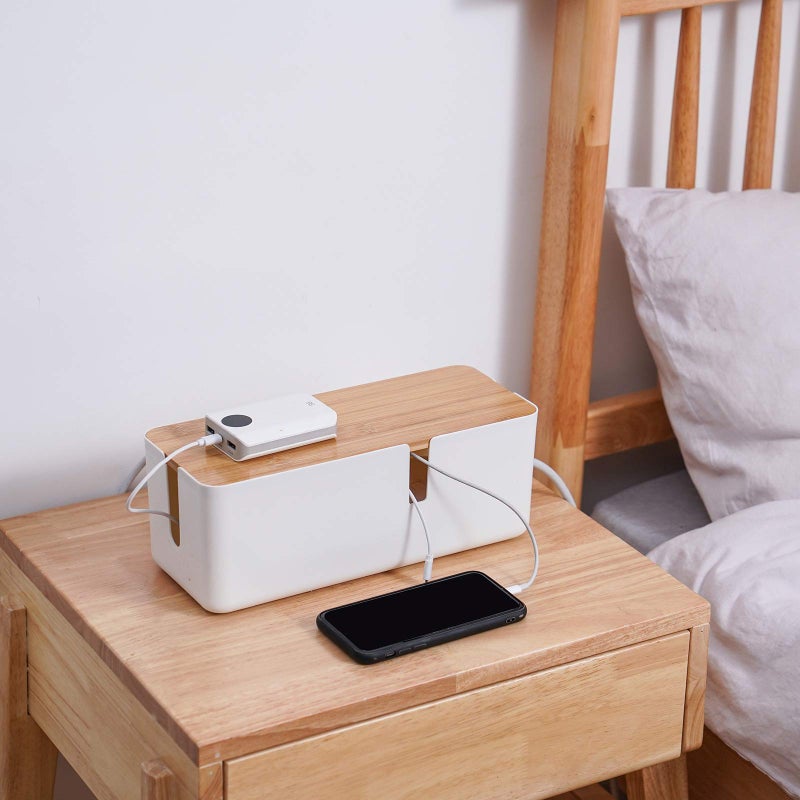 Changsuo Small Cable Management Box with Bamboo Lid for Extension Cord Power Stripe Surge Protector Wire Concealer Organizer Cover Hider (White) - Image 3