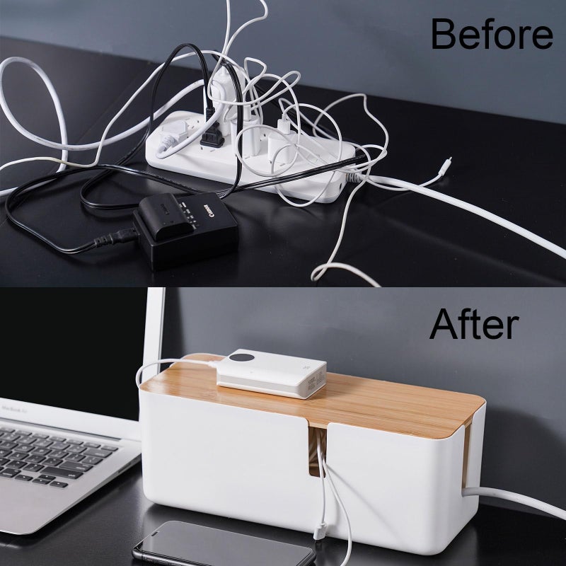 Changsuo Small Cable Management Box with Bamboo Lid for Extension Cord Power Stripe Surge Protector Wire Concealer Organizer Cover Hider (White) - Image 2