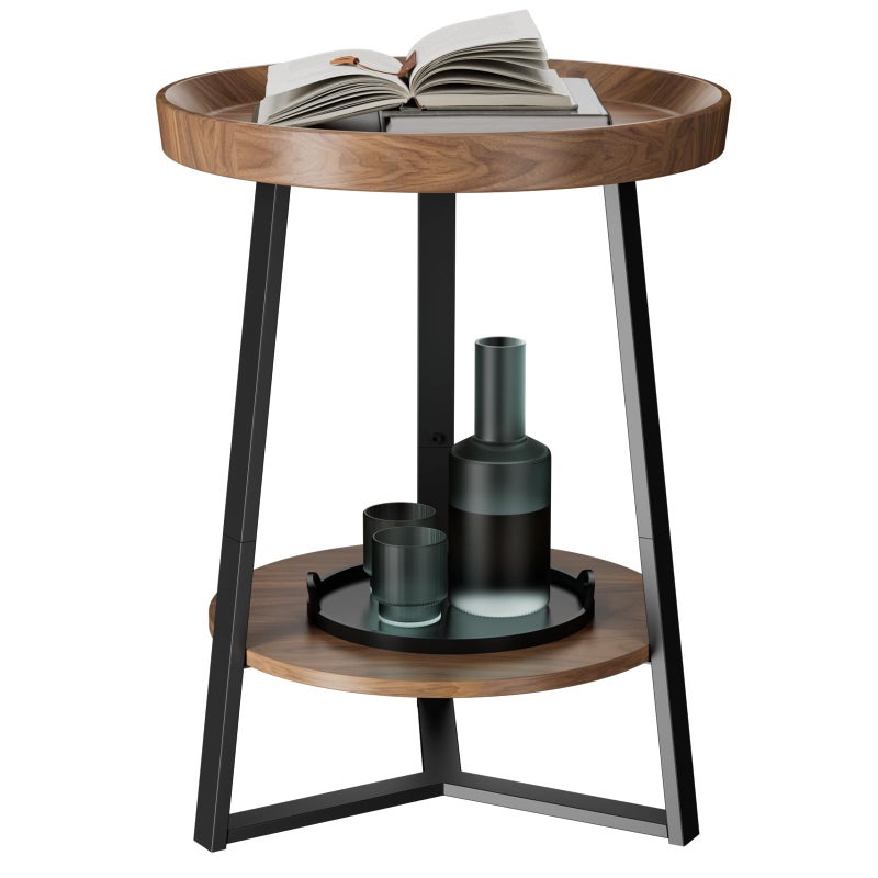 Gadroad Round End Table with Storage Shelf, 2 Tier Farmhouse Side Table Nightstand for Living Room, Bedroom, Wood Tabletop & Black Metal Frame, Brown 15.7 * 15.7 * 23.0inches - Image 1