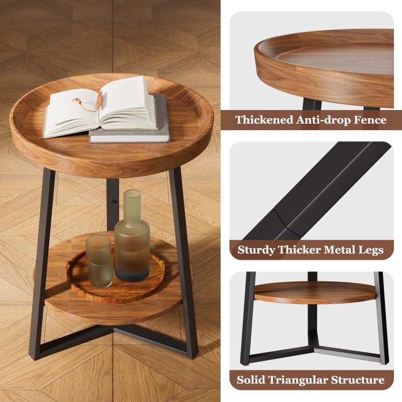 Gadroad Round End Table with Storage Shelf, 2 Tier Farmhouse Side Table Nightstand for Living Room, Bedroom, Wood Tabletop & Black Metal Frame, Brown 15.7 * 15.7 * 23.0inches - Image 3