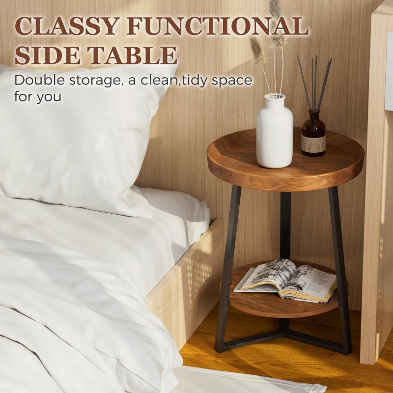 Gadroad Round End Table with Storage Shelf, 2 Tier Farmhouse Side Table Nightstand for Living Room, Bedroom, Wood Tabletop & Black Metal Frame, Brown 15.7 * 15.7 * 23.0inches - Image 5