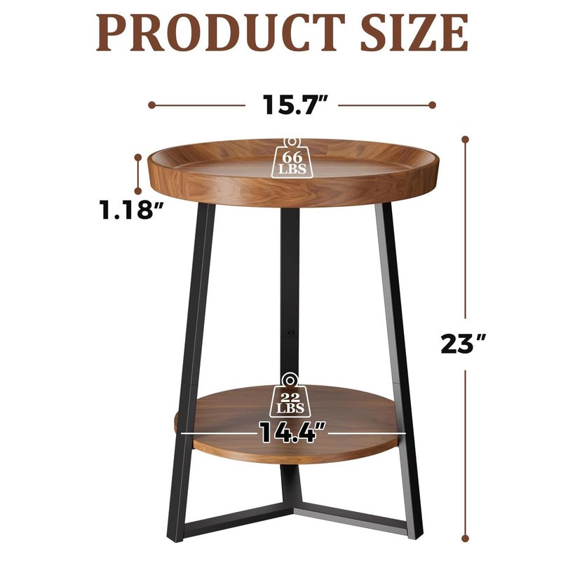 Gadroad Round End Table with Storage Shelf, 2 Tier Farmhouse Side Table Nightstand for Living Room, Bedroom, Wood Tabletop & Black Metal Frame, Brown 15.7 * 15.7 * 23.0inches - Image 2