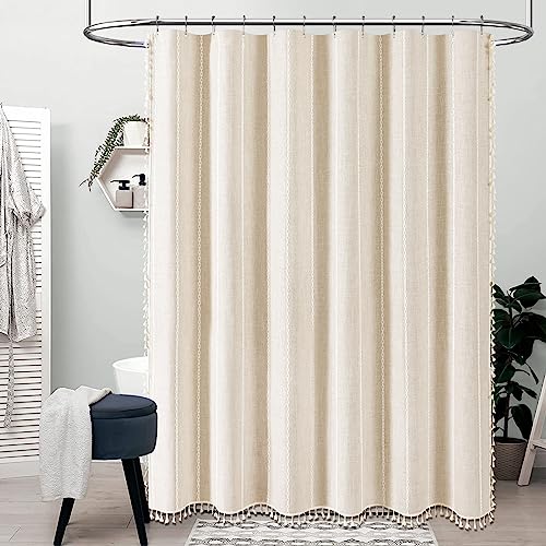 BTTN Boho Farmhouse Shower Curtain Linen Rustic Weighted Striped Cloth Shower Curtain Set with Tassel Water Repellent Bohemian Vintage Country Fabric Shower Curtain for Bathroom CreamBeige 72x72 - Image 3