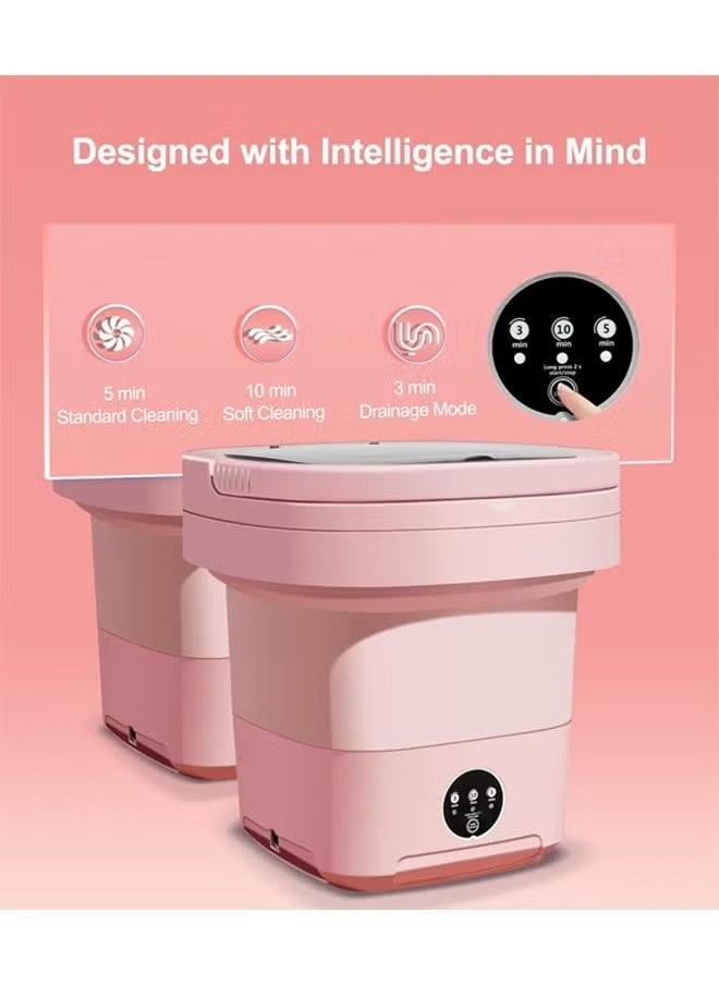 Foldable Portable Washer,8Liter Mini Washer with Drain Basket,Mini Spin Dryer with 3 Deep Cleaning Modes for Travel/Camping Items Wash(Pink)