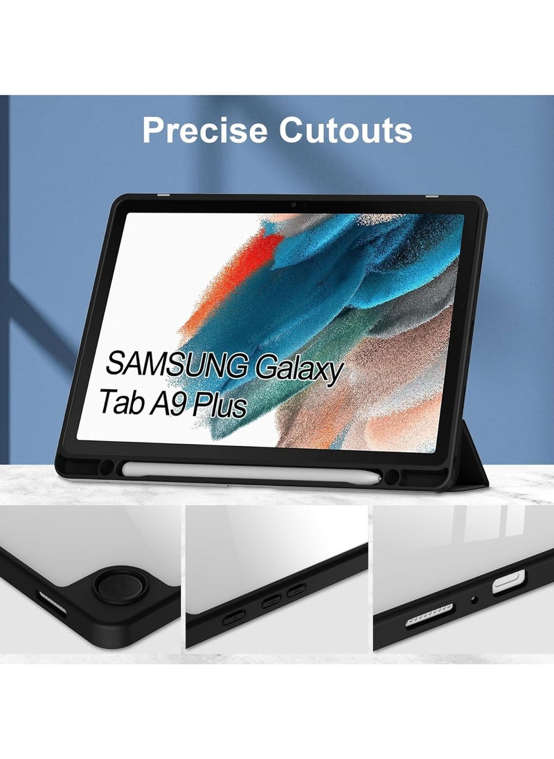 Samsung Galaxy Tab A9 Plus/ A9+ Case (11 inch 2023) Ultra Slim Hard Back Clear Cover With Tri-fold Stand with Pencil Holder