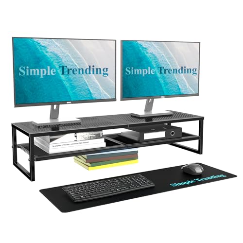 Simple Trending 2 Tier Metal Dual Monitor Stand RiserComputer Office Desktop Organizer for 2 Monitors With 32x10 Mouse Pad for LaptopPrinterTVBlack