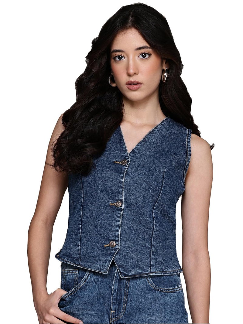Nifty Women's Denim Waistcoat (1474_BLU_L_Blue_Large) - Image 1