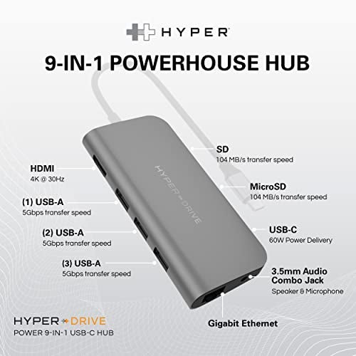 HyperDrive USB C Hub - 9-in-1 USB Hub for Laptop w/ 4K HDMI, Ethernet, 3.0 USB-A, USB C PD, MicroSD/SD, Audio Jack - Compatible with iPad, MacBook, Chromebook, Windows - Space Gray - Image 4