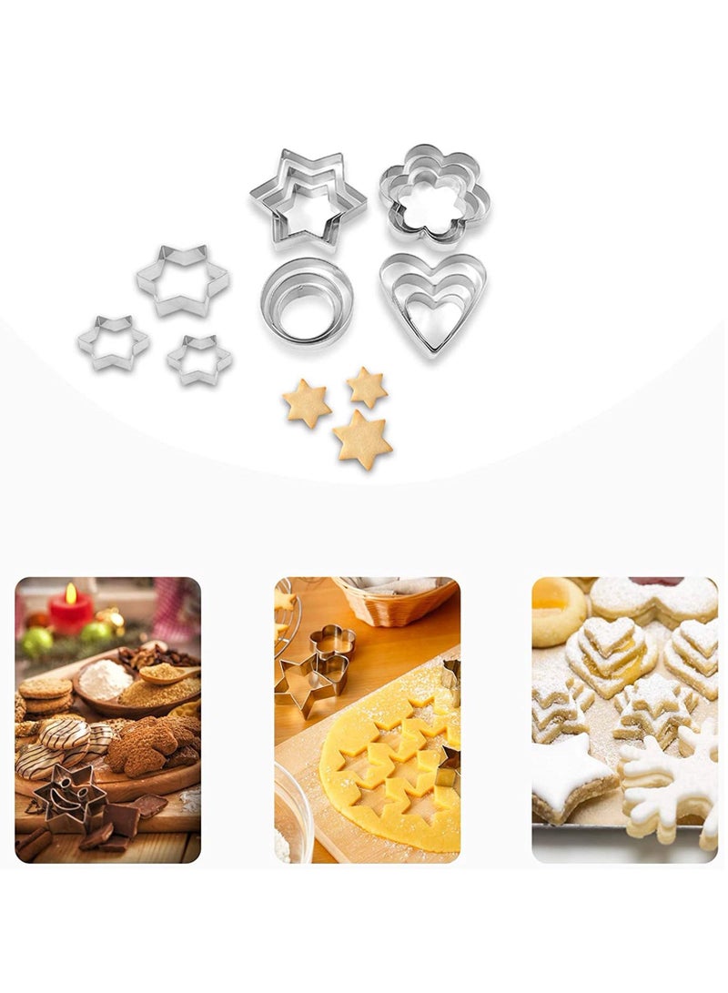 12 قطعة قاطع بسكويت على شكل للمطبخ وتناول الطعام، -3 نجوم، 3 زهور، 3 دائري، 3 قلوب، معدن صغير - Image 2