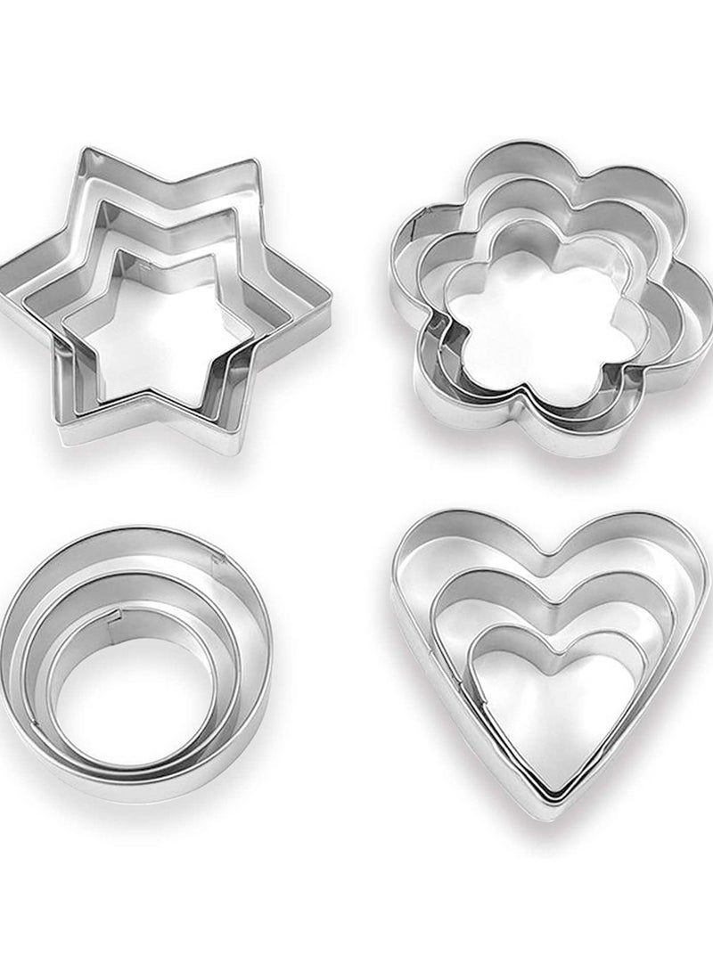 12 قطعة قاطع بسكويت على شكل للمطبخ وتناول الطعام، -3 نجوم، 3 زهور، 3 دائري، 3 قلوب، معدن صغير - Image 1