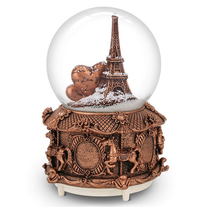 PARIS SNOW MUSICAL GLOBE WITH COLOR CHANGING LED LIGHTS EIFFEL TOWER SNOW GLOBE WITH MERRYGOROUND BASE 100MM 6 TALL SOUVENIRS COLLECTION GOLD
