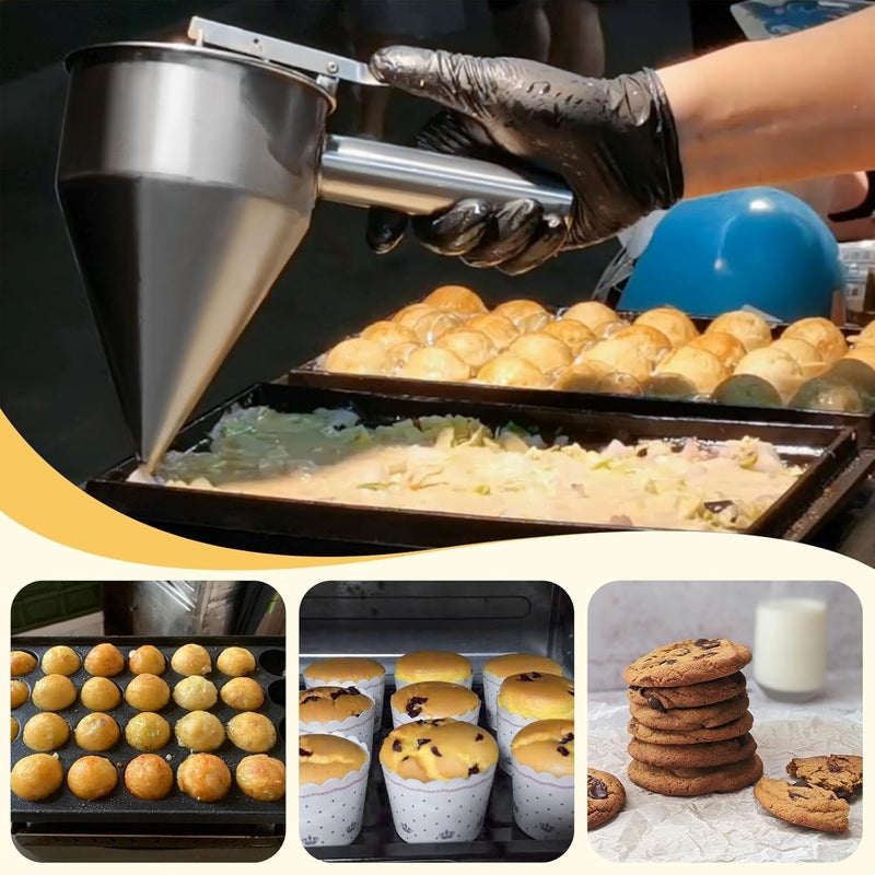 Pancake Batter Dispenser Funnels with Stand | Stainless Steel Funnel Cake Dispenser with Stand Great for Cupcakes, Takoyaki or Any Baked Goods (600 ML/20 OZ/2.5 Cups)