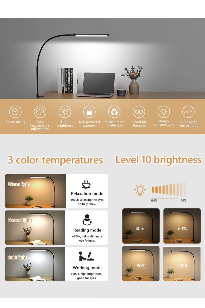 مصباح مكتب LED مريح للعين مع مشبك، 3 أوضاع ألوان و10 مستويات سطوع، ذراع مرنة قابلة للتوجيه للدراسة والمنزل والعمل (حجم كبير) - Image 4