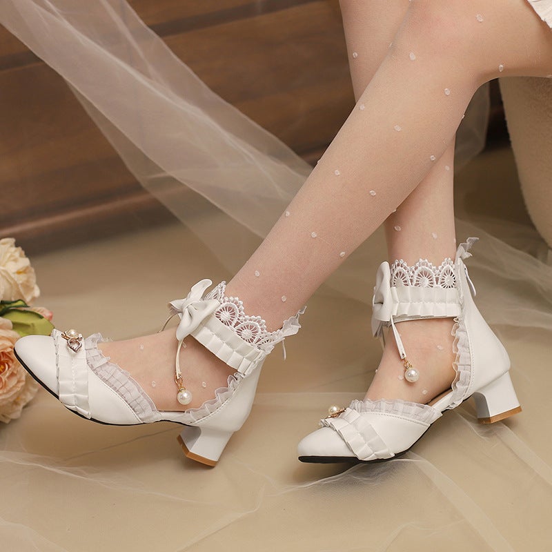 Spring 2024 Thick Heel Middle Heel Bow 28-43 Size Lace Edge Pearl Shoes - Image 3