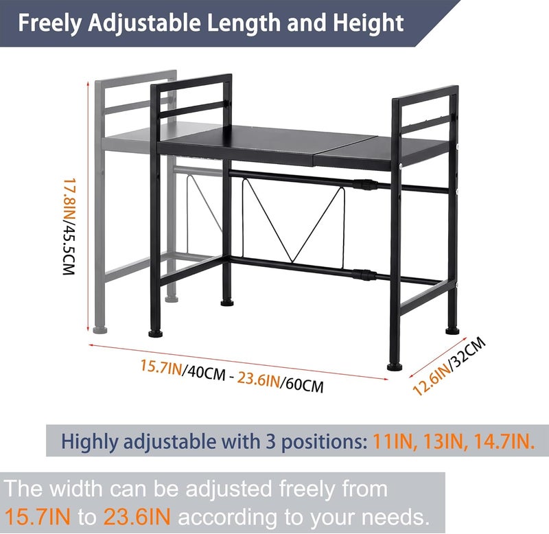Pusdon Extendable Microwave Oven Rack, Adjustable Microwave/Toaster Shelf Heavy Duty Stand Kitchen Counter Top Organizer, 2 Tier with 3 Hooks, 160lbs Weight Capacity, Black - Image 3