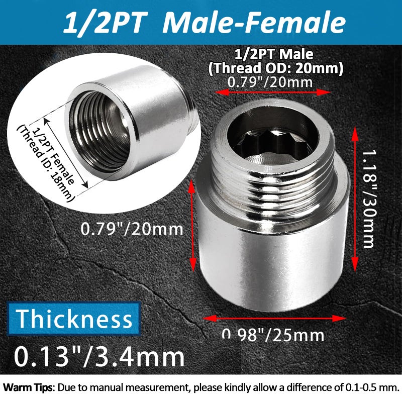 Suiwotin 2pcs 1/2PT Male to 1/2PT Female Thread Shower Head Extension Arm, Stainless Steel 20mm/0.78 Inch Arm Length Shower Head Cast Pipe Fitting Coupler - Image 3