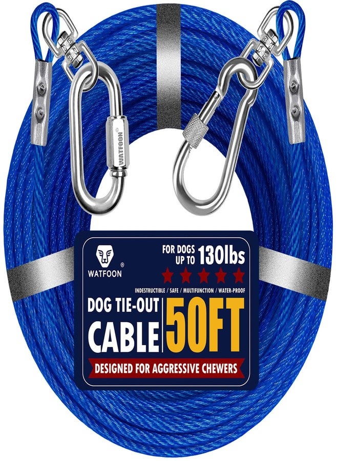 WATFOON Dog Leads for Yard, 50ft Tie Out Runner Steel Wire Cable, Heavy Duty Pet Tether Chains for Dogs Up to 130 Lbs, Outside, Camping, Park (50ft-Blue) - Image 1