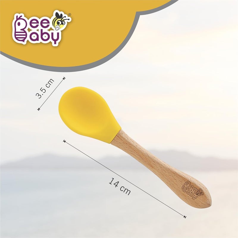 Beebaby Nurture Natural Beech Wood & Soft Silicone Baby Feeding Spoons | 100% BPA Free, Eco-Friendly Weaning Spoons for Infants, Kids & Toddlers | Gentle on Gums, Safe for 6+ Months (Yellow) - Image 3