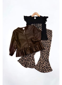 Miniğimin Cicileri My Little Ones Leather Jacket and Summer Leopard Trousers 3 Piece Girl Child Set - Brown 