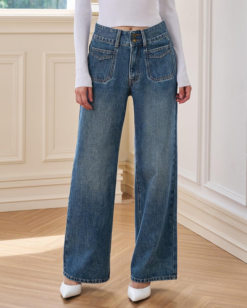 UPNET Womenâ€™s High Waisted Baggy Jeans â€“ Stretchy Wide Leg Tummy Control Straight Leg Denim Pants Trendy Jeans for Women 2025 (Blue,4) - Image 5