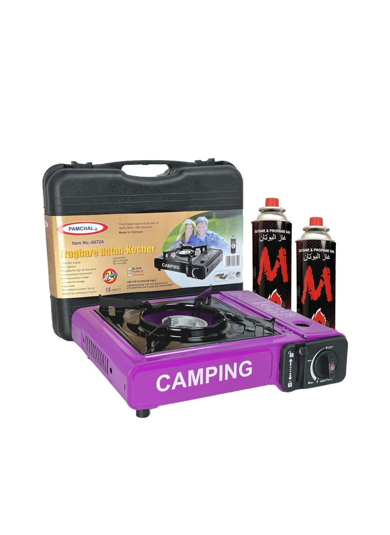 PAMCHAL Camping Stove with Box and 2-Pieces Butane Gas Cartridge Purple 