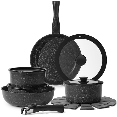 SODAY 15Pcs Pots and Pans Set Non Stick Cookware Sets with Detachable Handle Nonstick RV Kitchen Cooking Tools Removable Handles Oven Safe Induction Fast Stackable Induction CookwareBlack