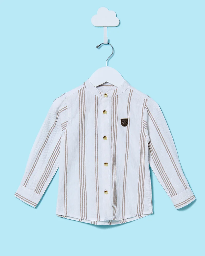 REDTAG Infant Boys Beige Striped Dobby Mandarin Shirts