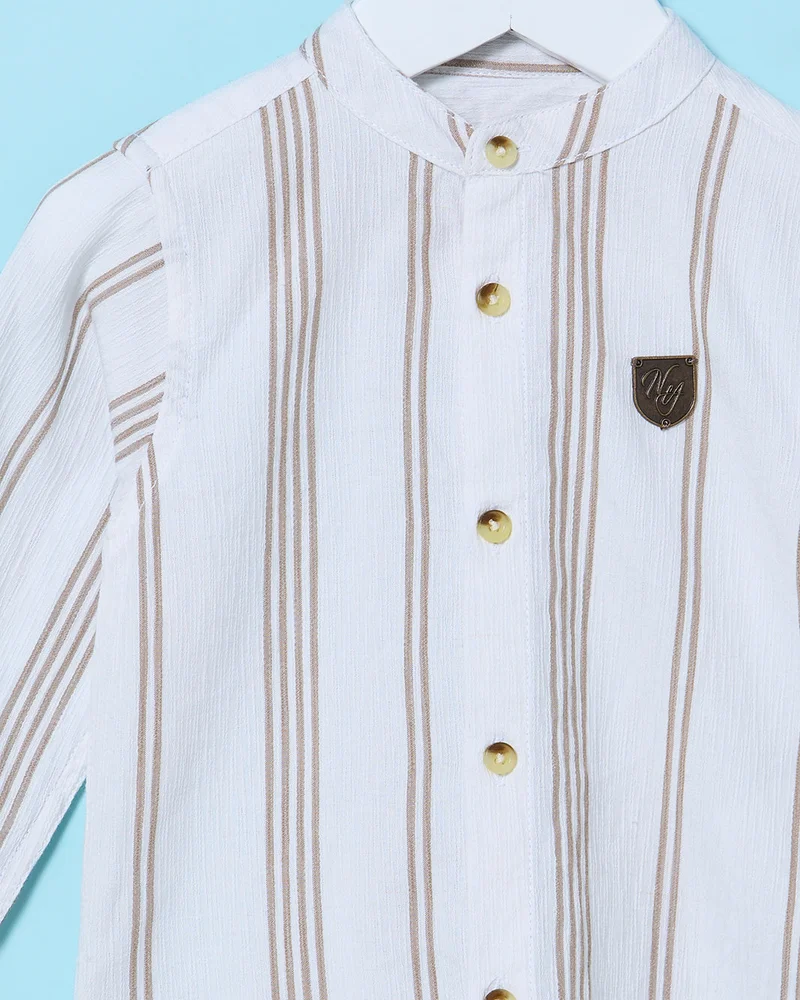 REDTAG Infant Boys Beige Striped Dobby Mandarin Shirts