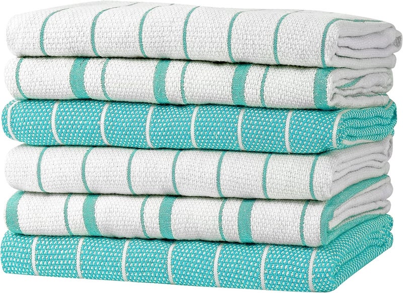 Zeppoli Classic Kitchen Towels - 6 Pack 100% Natural Cotton Towel Set, Reusable Wash Cloths, Absorbent Dish Towels, Machine Washable Hand Towels, Kitchen Essentials, 20" x 28" - Aqua Base - Image 1