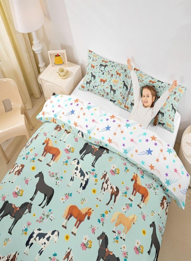 Feelyou Horse Duvet Cover Galloping Horse Bedding Set for Kids Boys Girls Teens Room Decor Cute Animal Decor Floral Comforter Cover Set Queen Size Kawaii Teal Bedspread Cover 3Pcs Zipper - Image 5
