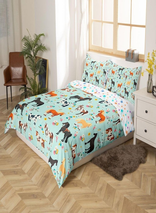 Feelyou Horse Duvet Cover Galloping Horse Bedding Set for Kids Boys Girls Teens Room Decor Cute Animal Decor Floral Comforter Cover Set Queen Size Kawaii Teal Bedspread Cover 3Pcs Zipper - Image 2