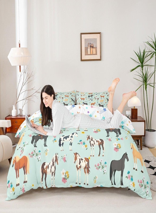 Feelyou Horse Duvet Cover Galloping Horse Bedding Set for Kids Boys Girls Teens Room Decor Cute Animal Decor Floral Comforter Cover Set Queen Size Kawaii Teal Bedspread Cover 3Pcs Zipper - Image 3
