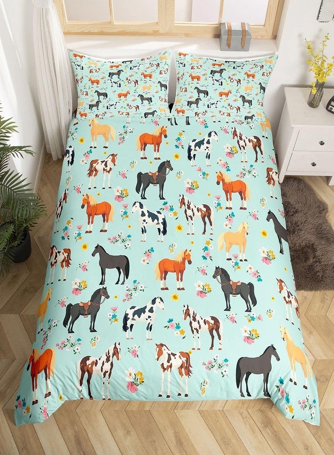 Feelyou Horse Duvet Cover Galloping Horse Bedding Set for Kids Boys Girls Teens Room Decor Cute Animal Decor Floral Comforter Cover Set Queen Size Kawaii Teal Bedspread Cover 3Pcs Zipper - Image 1